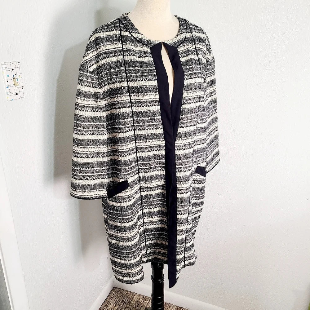 Anne Klein Black,Gray,White Striped Tweed Long Jacket, Black Trim, Size XL - Picture 10 of 12